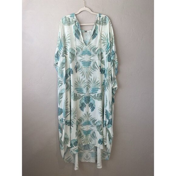 Vacances Beach Swim Coverup Palm Leaf 100% Silk Cream Caftan kimono resortwear - Picture 1 of 16